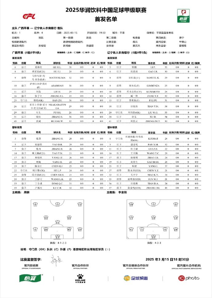 中甲-廣西平果vs遼寧鐵人首發(fā)：三外援對(duì)決三外援，安以恩出戰(zhàn)